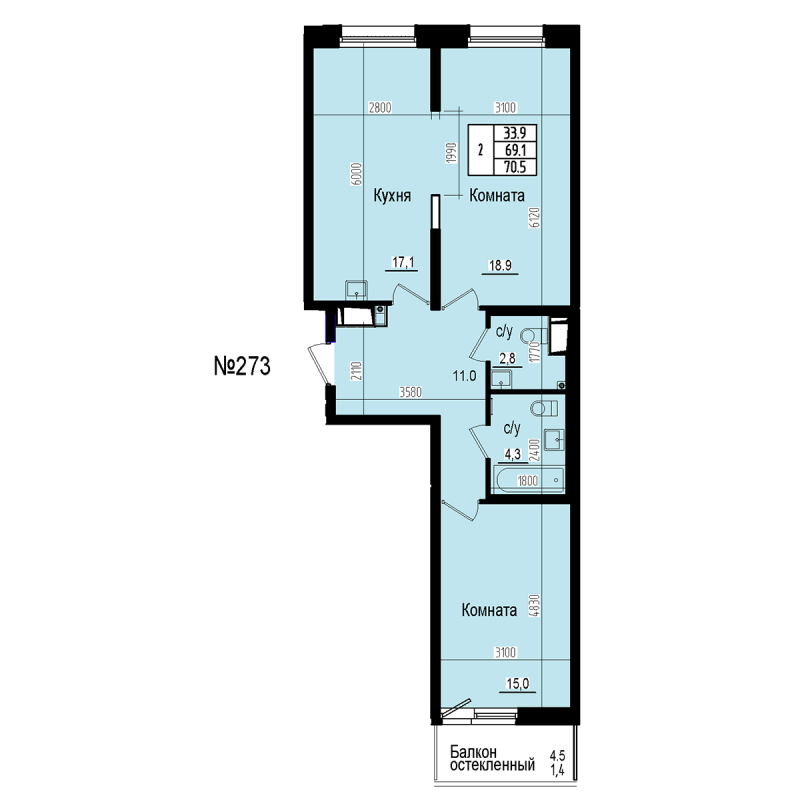 3-комнатная (Евро) квартира, 70.5 м² в ЖК "ПРАГМА СИТИ" - планировка, фото №1