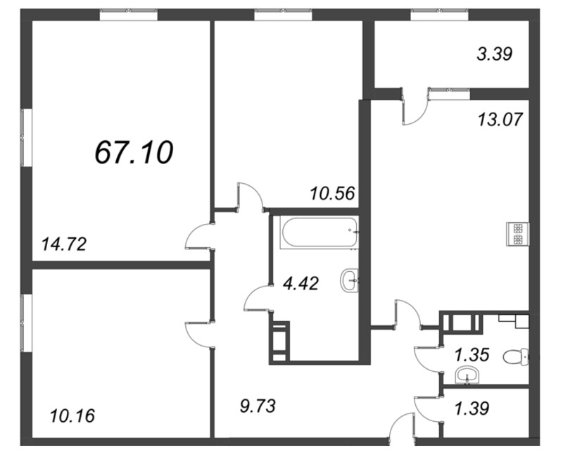 3-комнатная квартира, 67.1 м² - планировка, фото №1