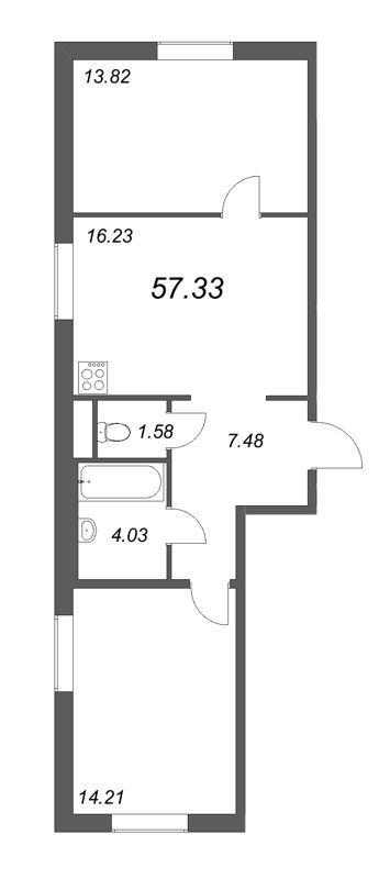 3-комнатная (Евро) квартира, 57.33 м² - планировка, фото №1
