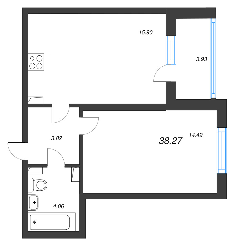 2-комнатная (Евро) квартира, 38.27 м² в ЖК "Любоград" - планировка, фото №1