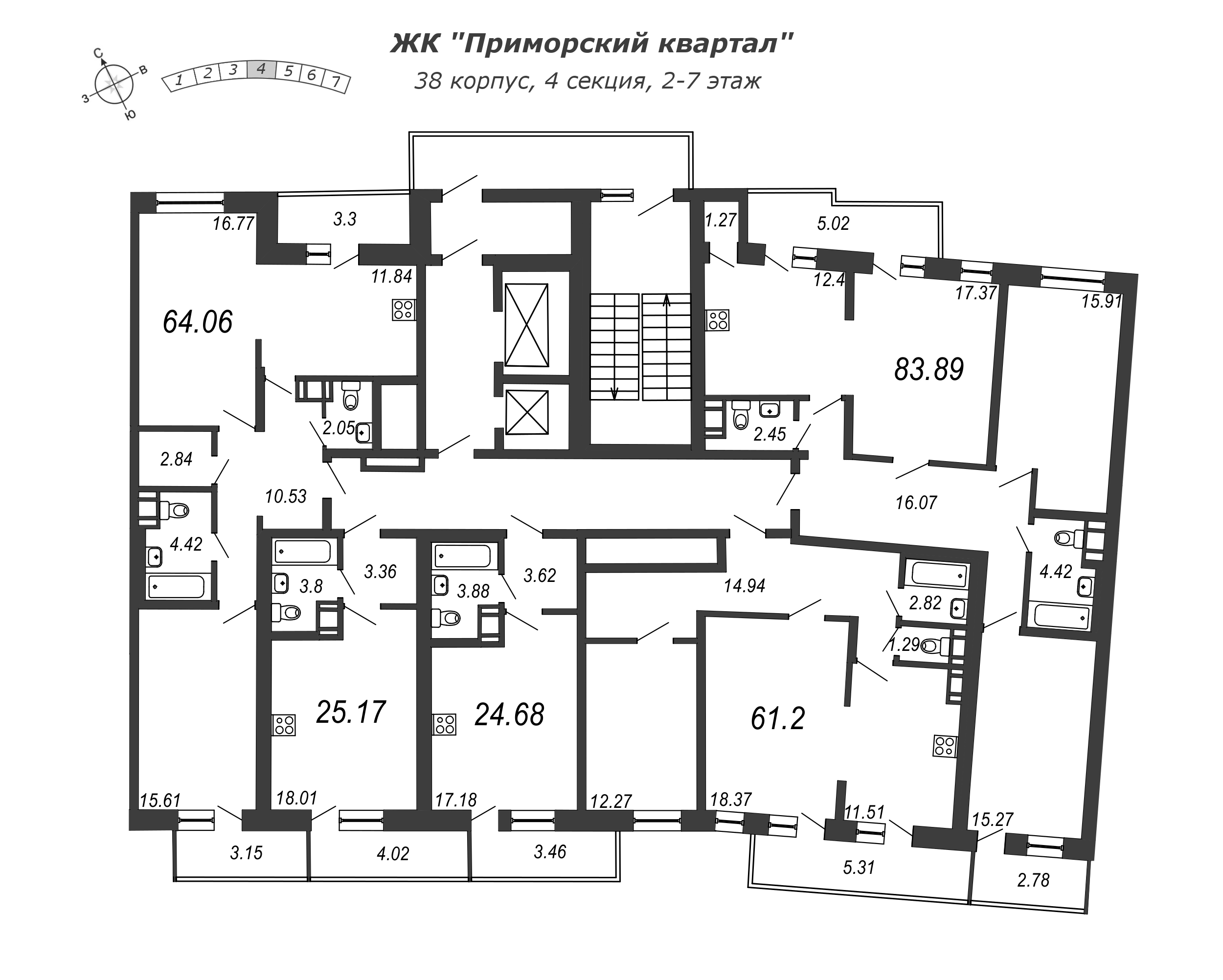 2-комнатная квартира, 61.2 м² в ЖК "Приморский квартал" - планировка этажа