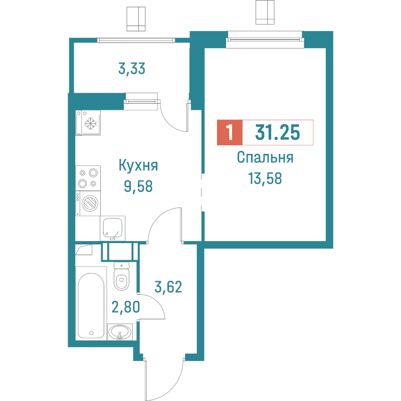 1-комнатная квартира, 31.25 м² - планировка, фото №1