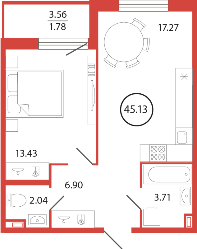 2-комнатная (Евро) квартира, 45.13 м² в ЖК "Энфилд" - планировка, фото №1
