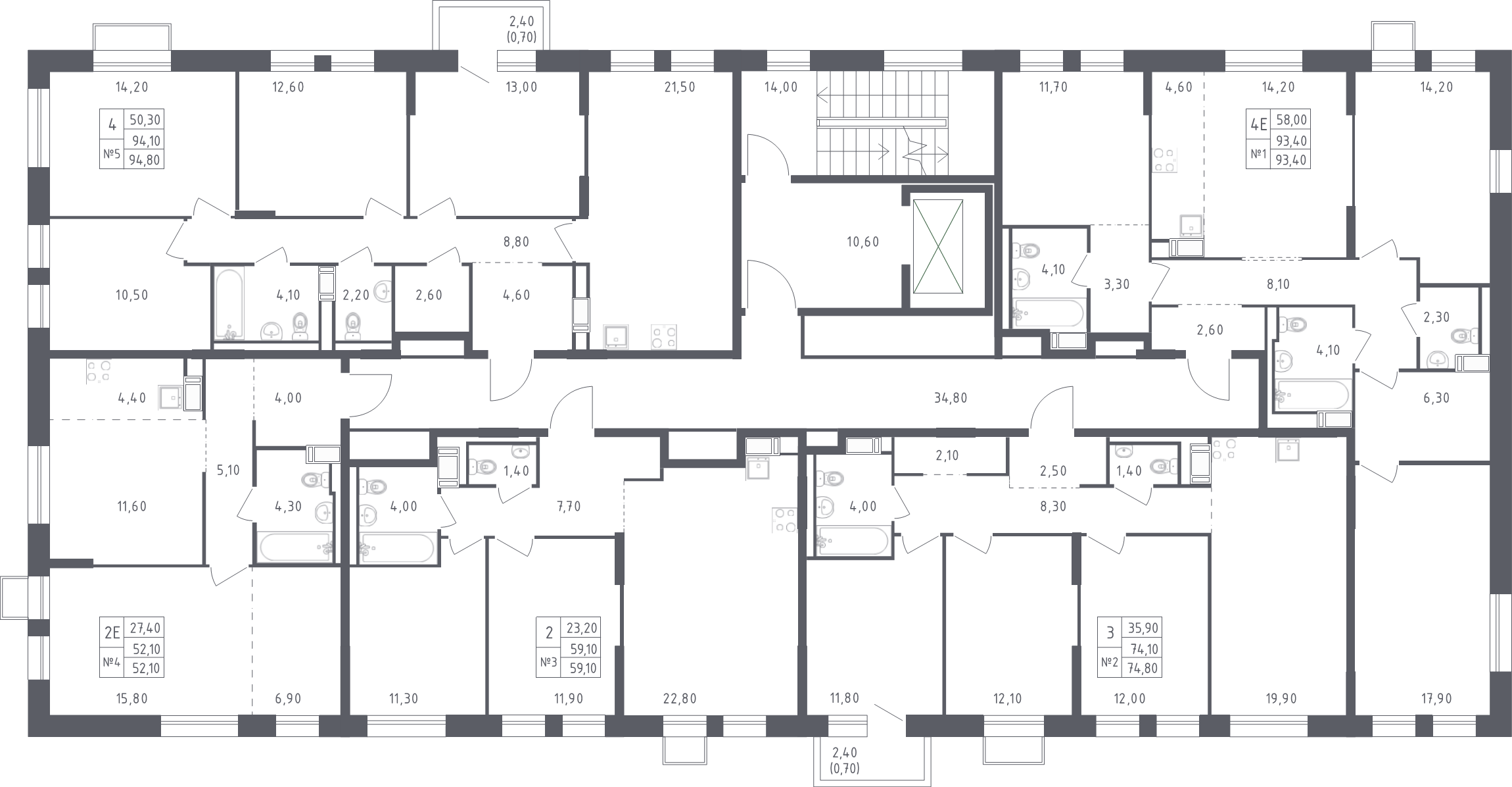 4-комнатная (Евро) квартира, 93.4 м² в ЖК "Курортный Квартал" - планировка этажа