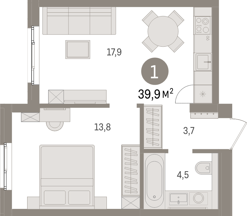 2-комнатная (Евро) квартира, 39.9 м² в ЖК "Брусника в Новоселье" - планировка, фото №1
