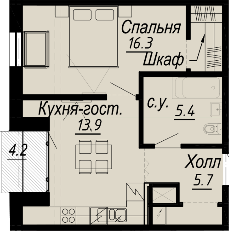 1-комнатная квартира, 42.5 м² - планировка, фото №1