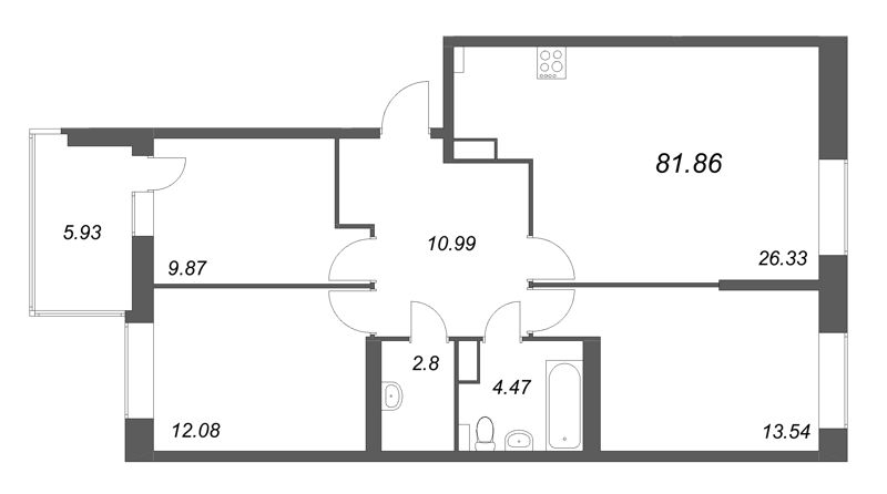 4-комнатная (Евро) квартира, 81.86 м² в ЖК "Аквилон RekaPark" - планировка, фото №1