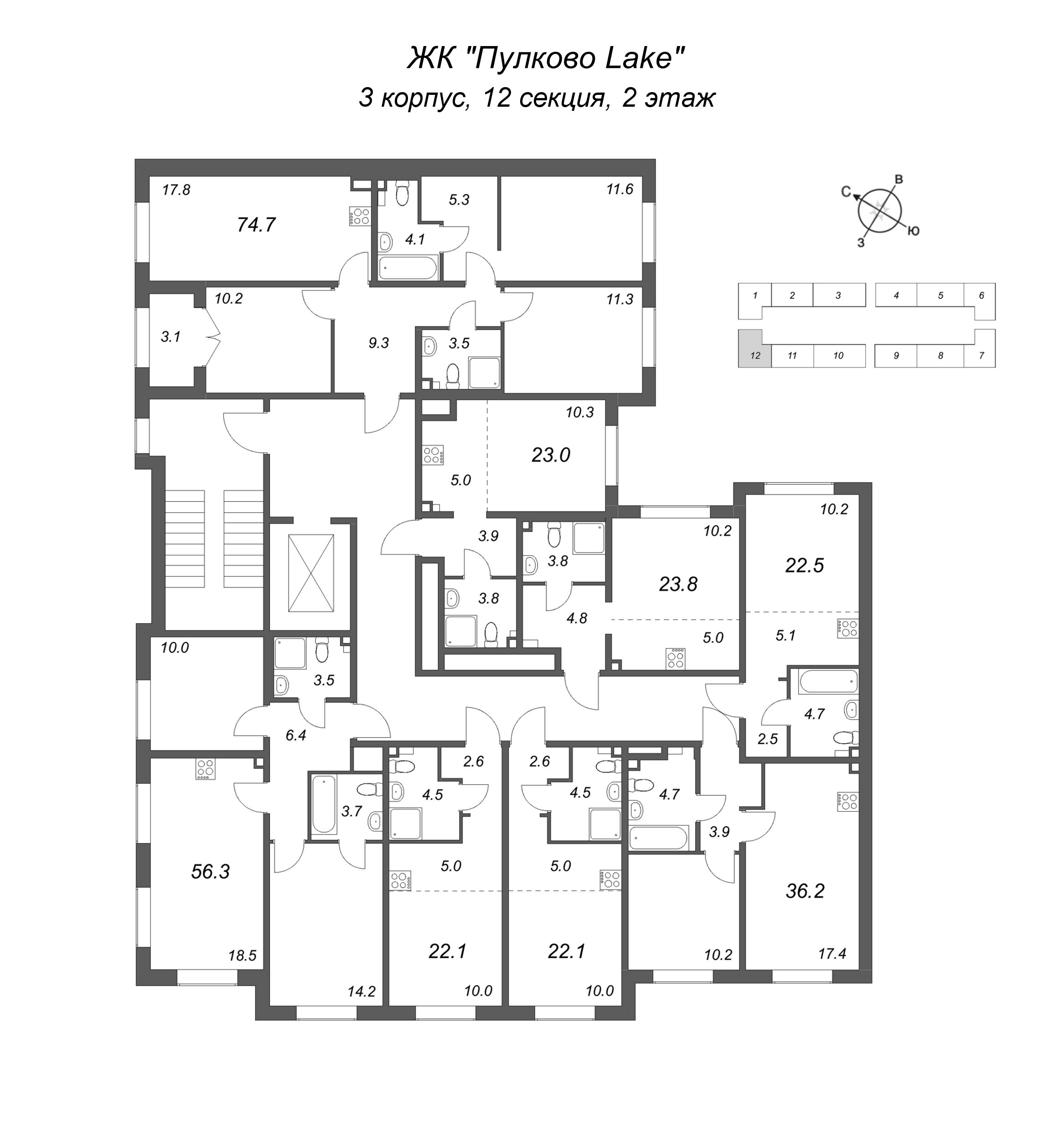 3-комнатная (Евро) квартира, 56.3 м² в ЖК "Пулково Lake" - планировка этажа