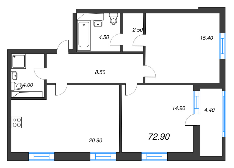 3-комнатная (Евро) квартира, 72.9 м² в ЖК "Тайм Сквер" - планировка, фото №1