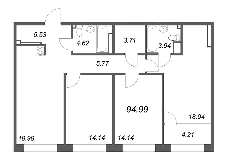 4-комнатная (Евро) квартира, 94.99 м² - планировка, фото №1