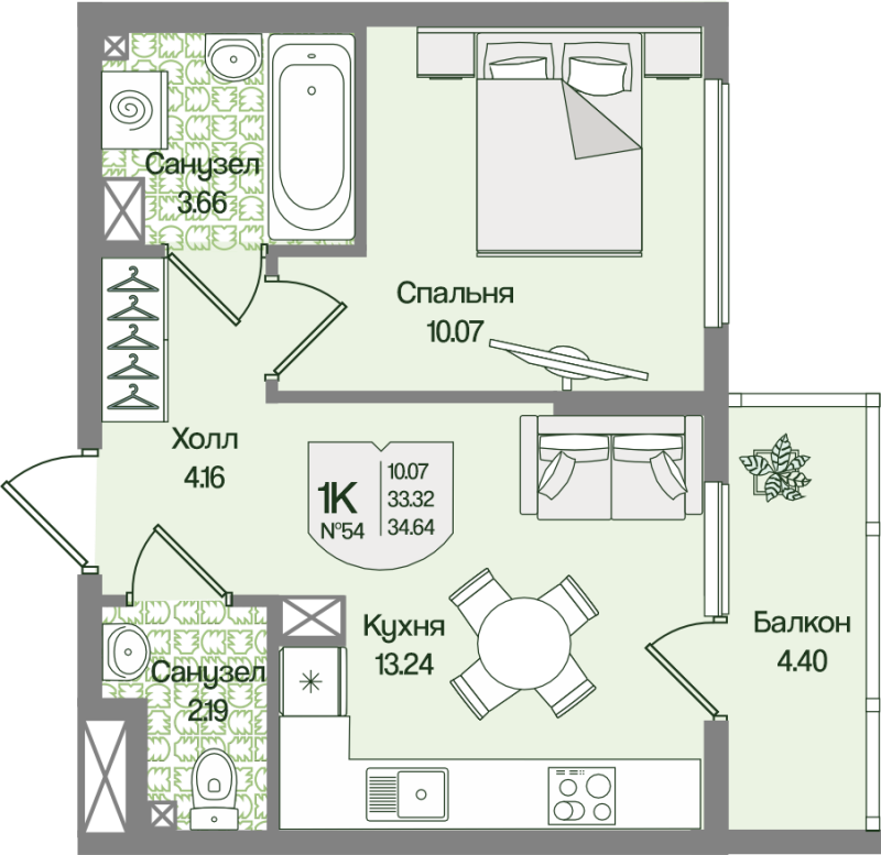 1-комнатная квартира, 34.64 м² в ЖК "Охтинские высоты" - планировка, фото №1