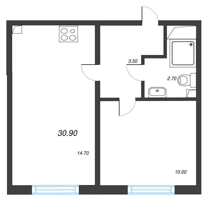 1-комнатная квартира, 30.9 м² - планировка, фото №1