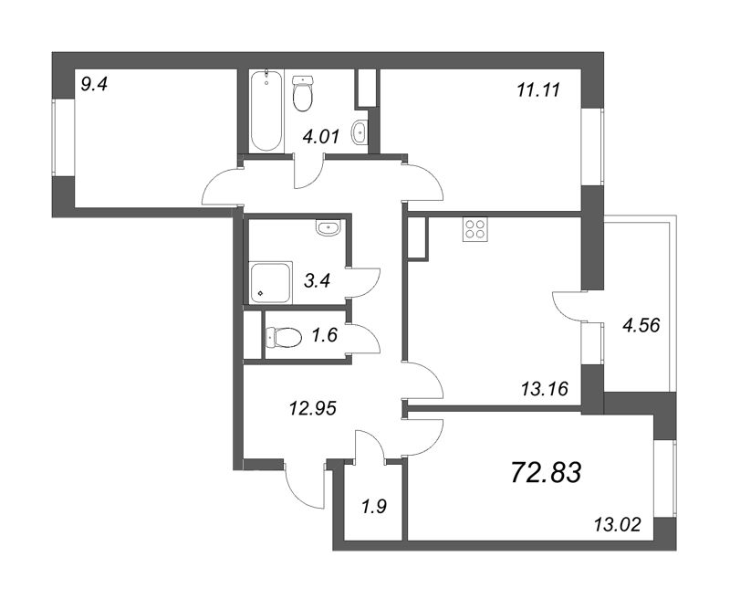 4-комнатная (Евро) квартира, 72.83 м² в ЖК "ID Kudrovo" - планировка, фото №1