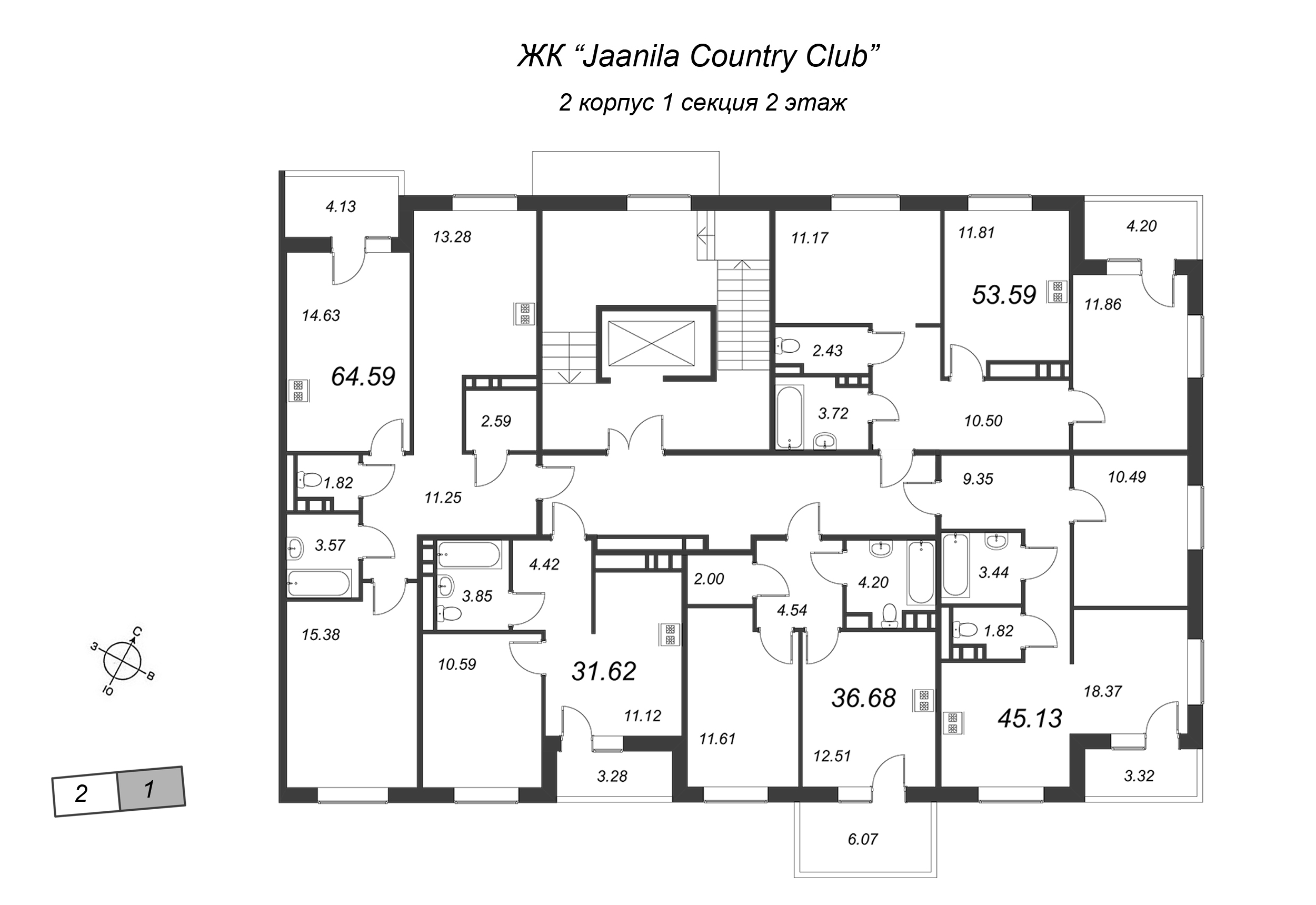 2-комнатная квартира, 62.52 м² в ЖК "Jaanila Country Club" - планировка этажа