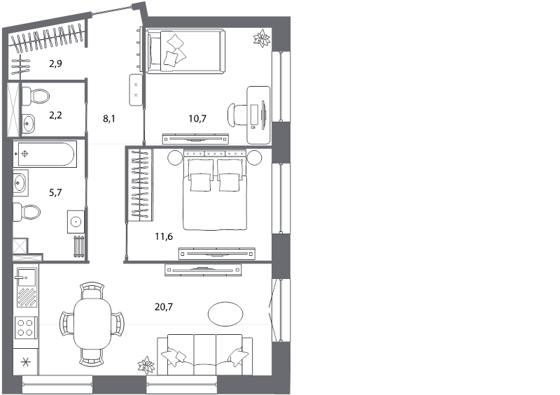 3-комнатная (Евро) квартира, 61.9 м² - планировка, фото №1