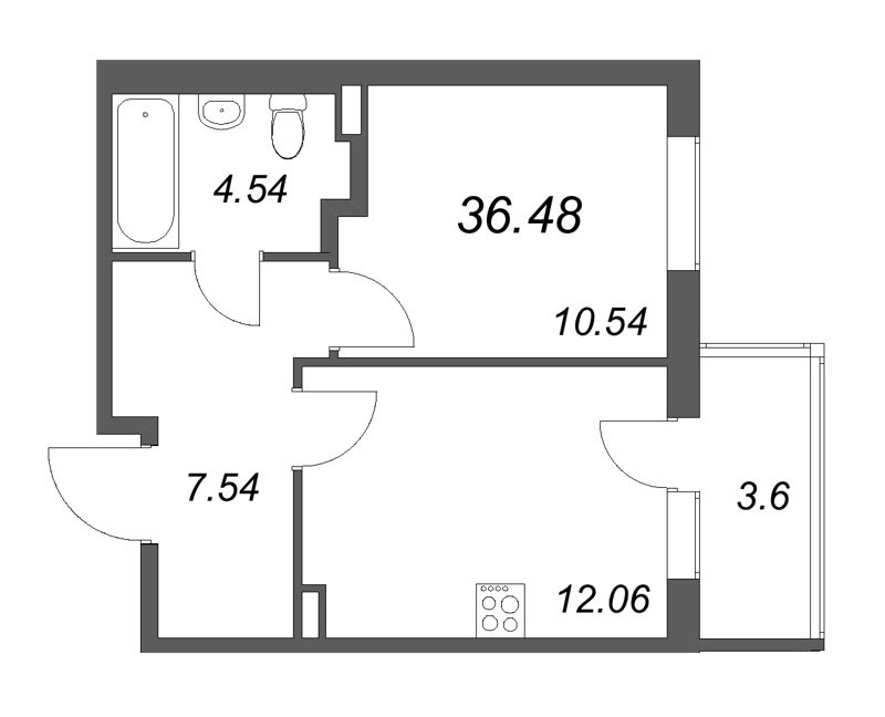 1-комнатная квартира, 36.48 м² в ЖК "Новая история" - планировка, фото №1