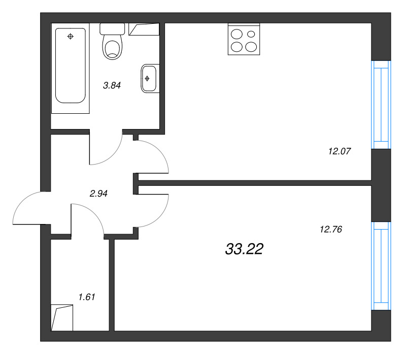 1-комнатная квартира, 33.22 м² - планировка, фото №1