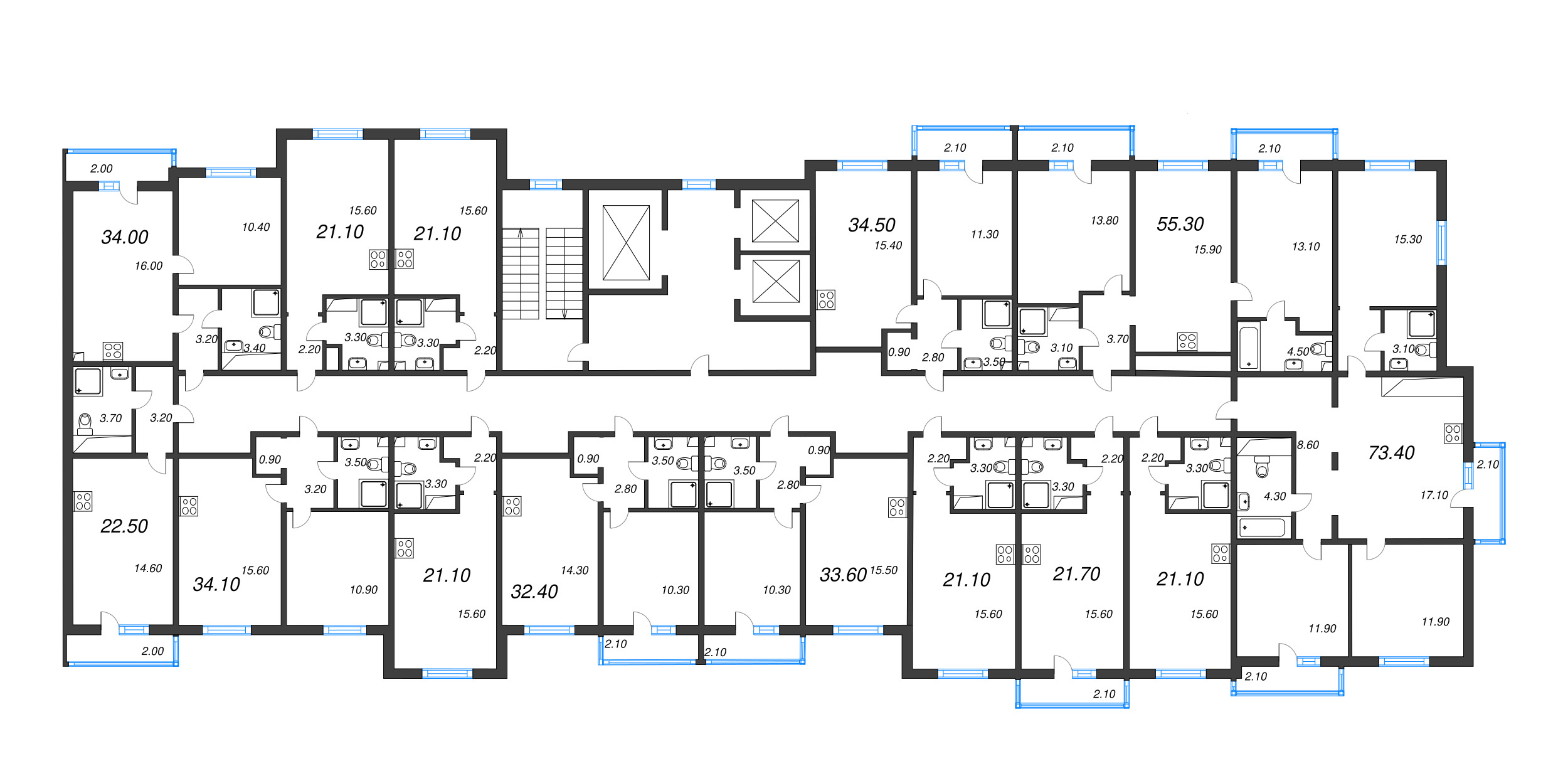 4-комнатная (Евро) квартира, 73.4 м² в ЖК "Дыбенко Парк" - планировка этажа