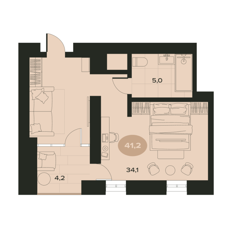 2-комнатная квартира, 43.3 м² в ЖК "Место в Смолячково" - планировка, фото №1