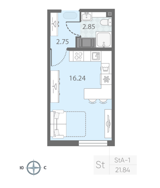 Квартира-студия, 21.84 м² - планировка, фото №1