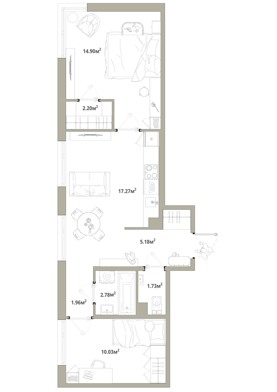 3-комнатная (Евро) квартира, 56.05 м² в ЖК "Тишин" - планировка, фото №1
