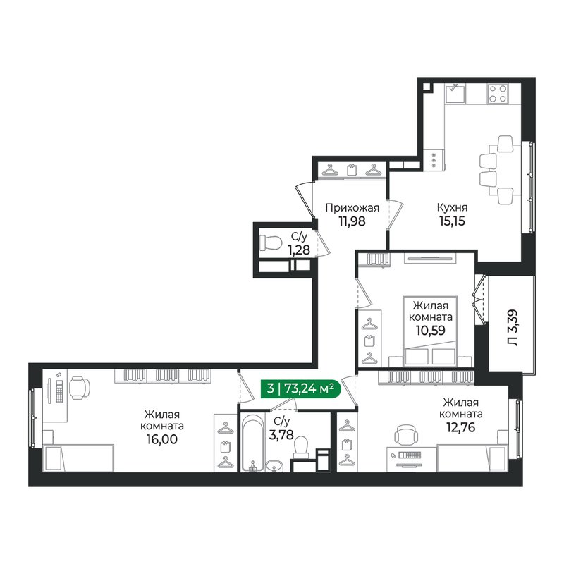 4-комнатная (Евро) квартира, 73.24 м² в ЖК "Сертолово Парк" - планировка, фото №1