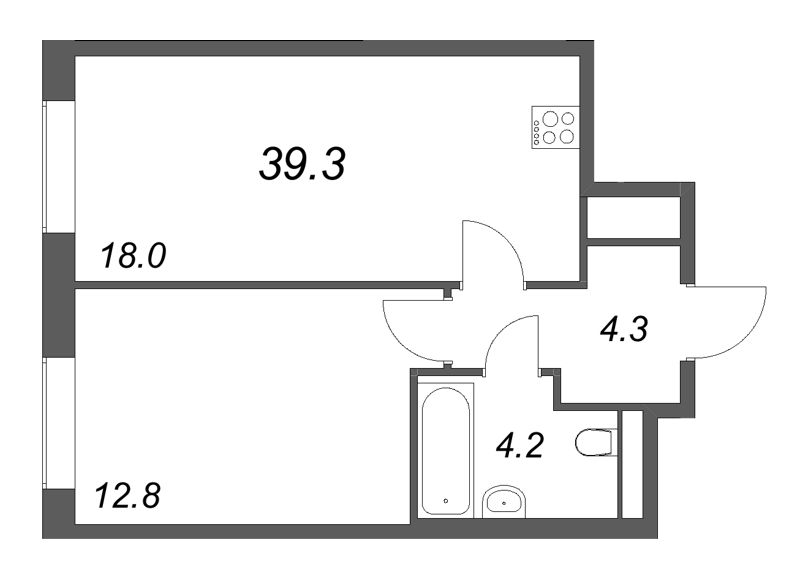 2-комнатная (Евро) квартира, 39.3 м² в ЖК "Большая Охта" - планировка, фото №1