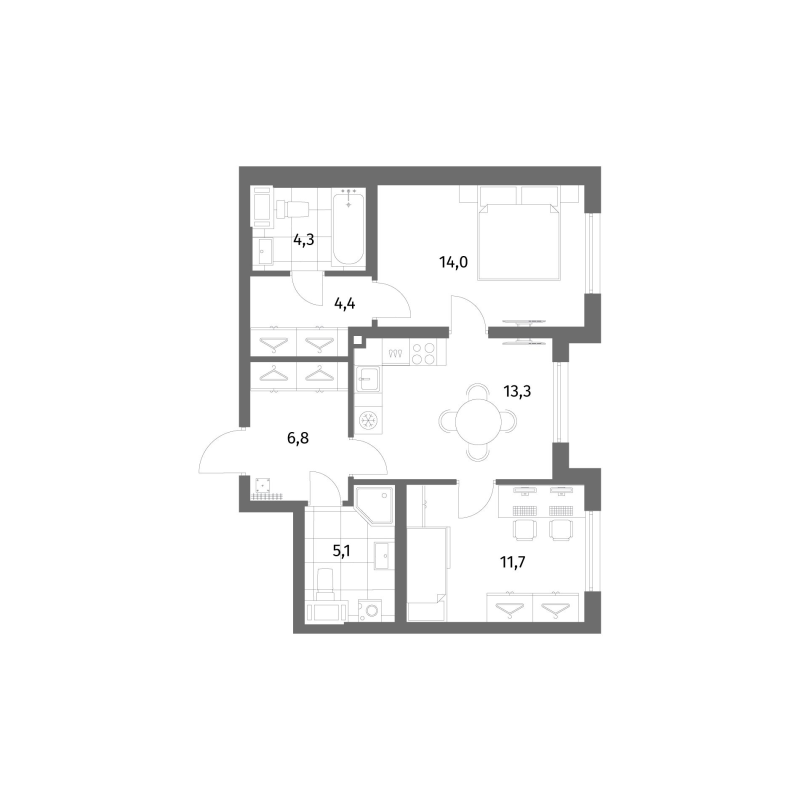 2-комнатная квартира, 59.6 м² в ЖК "Парусная 1" - планировка, фото №1