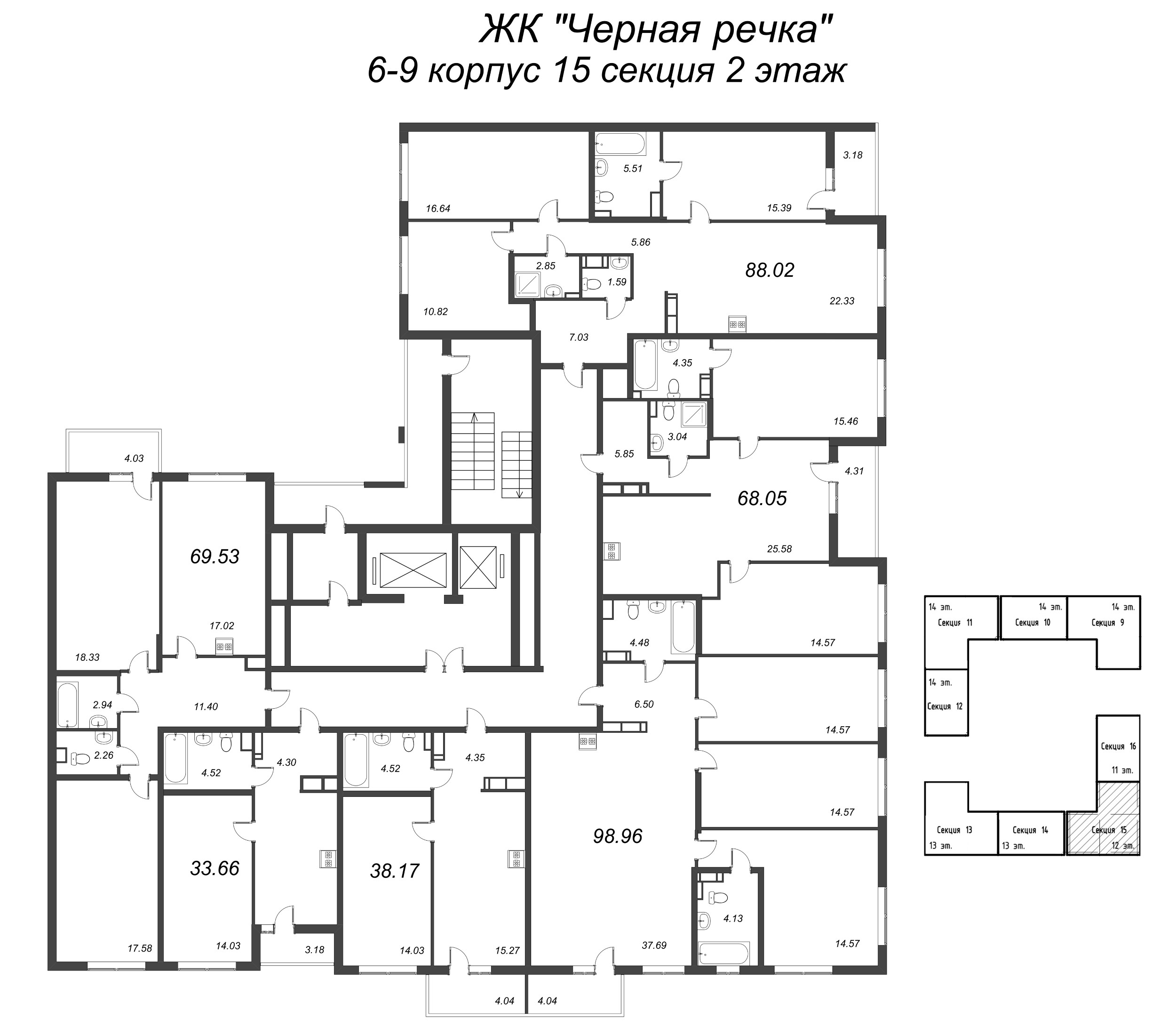 2-комнатная (Евро) квартира, 38.17 м² в ЖК "Чёрная речка" - планировка этажа