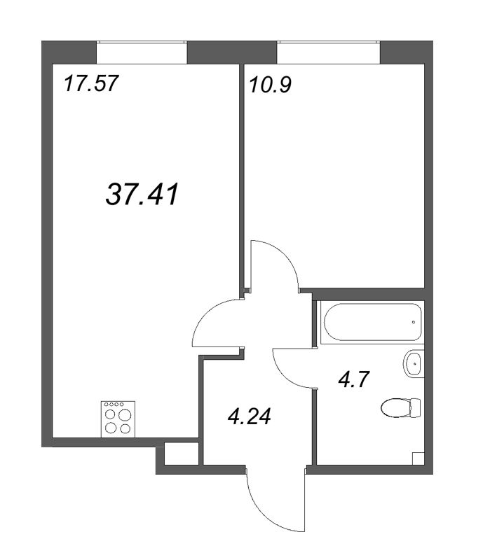2-комнатная (Евро) квартира, 37.41 м² в ЖК "Аквилон Янино" - планировка, фото №1