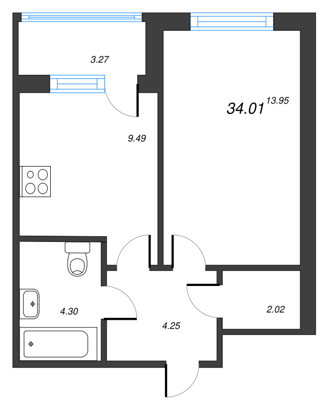 1-комнатная квартира, 34.01 м² в ЖК "Полис ЛАВрики" - планировка, фото №1