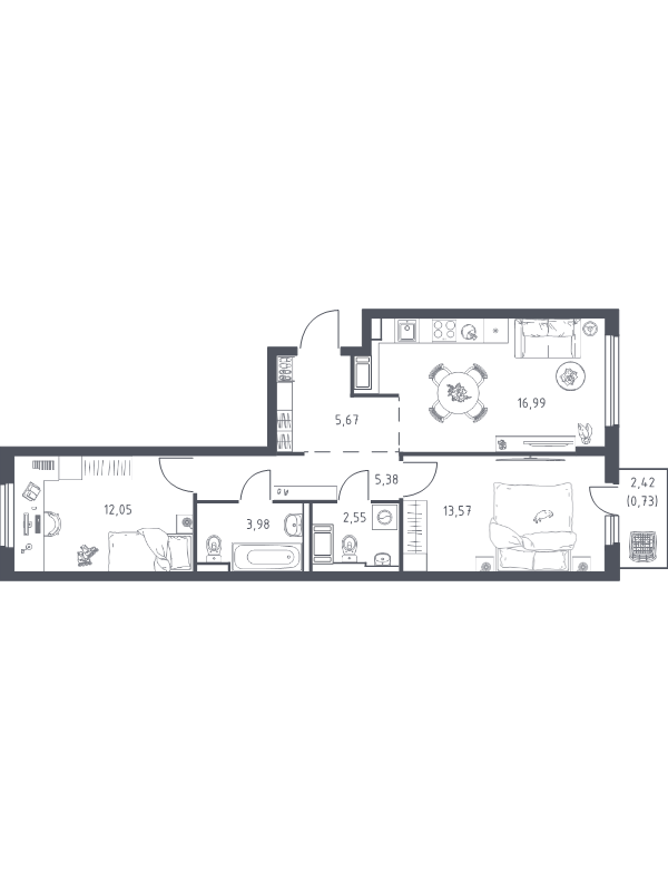 3-комнатная (Евро) квартира, 60.92 м² в ЖК "Новое Колпино" - планировка, фото №1