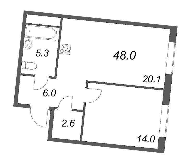 2-комнатная (Евро) квартира, 48 м² в ЖК "Визионер" - планировка, фото №1