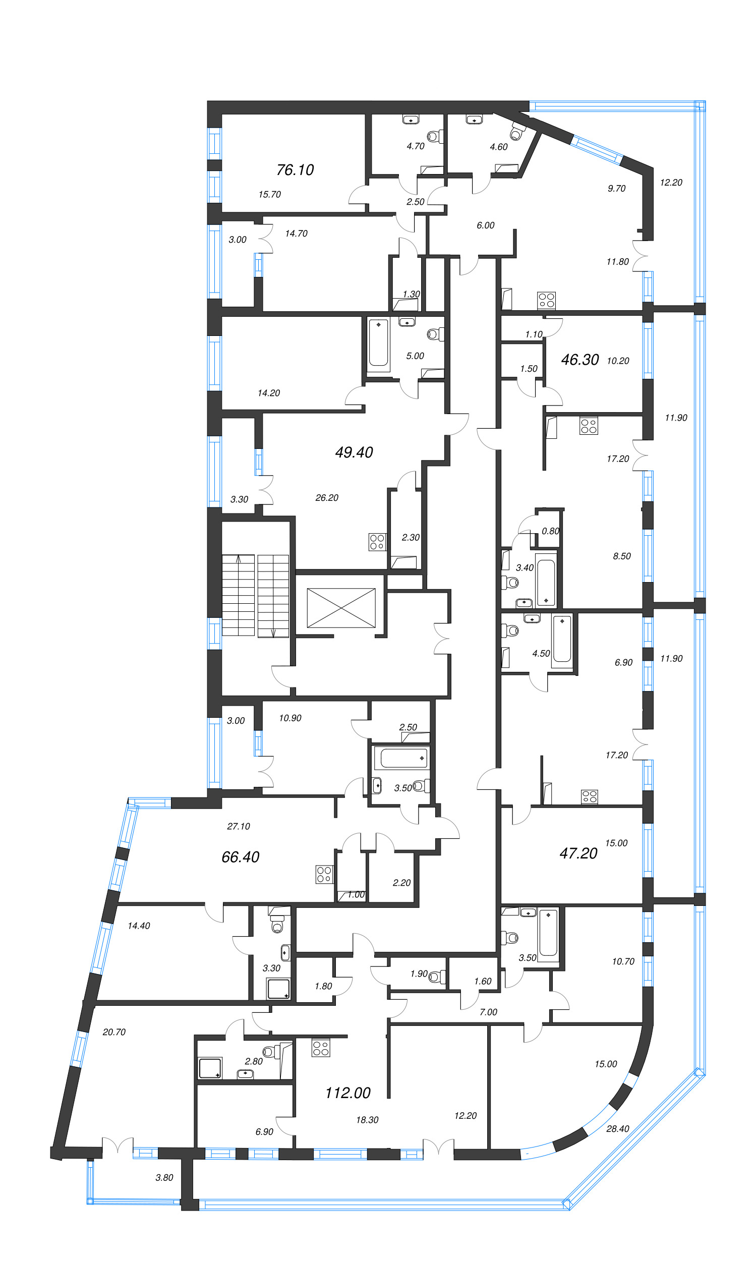 1-комнатная квартира, 49.4 м² в ЖК "NewПитер 2.0" - планировка этажа