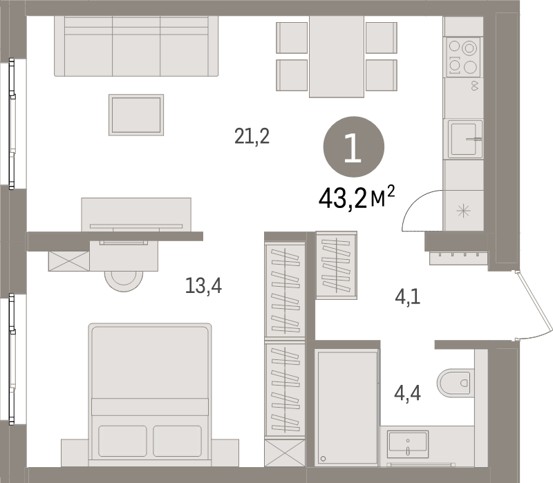 2-комнатная (Евро) квартира, 43.2 м² в ЖК "Брусника в Новоселье" - планировка, фото №1