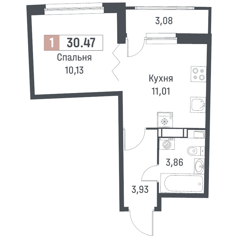 1-комнатная квартира, 30.47 м² в ЖК "Авиатор" - планировка, фото №1