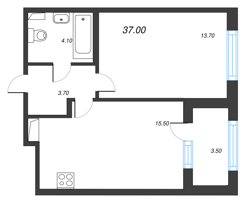 2-комнатная (Евро) квартира, 37 м² - планировка, фото №1
