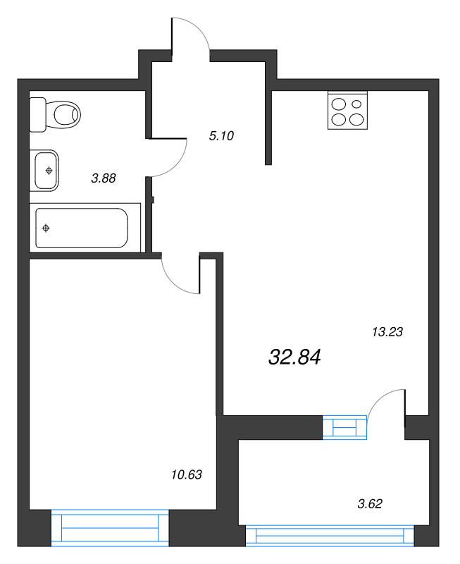 1-комнатная квартира, 32.84 м² - планировка, фото №1