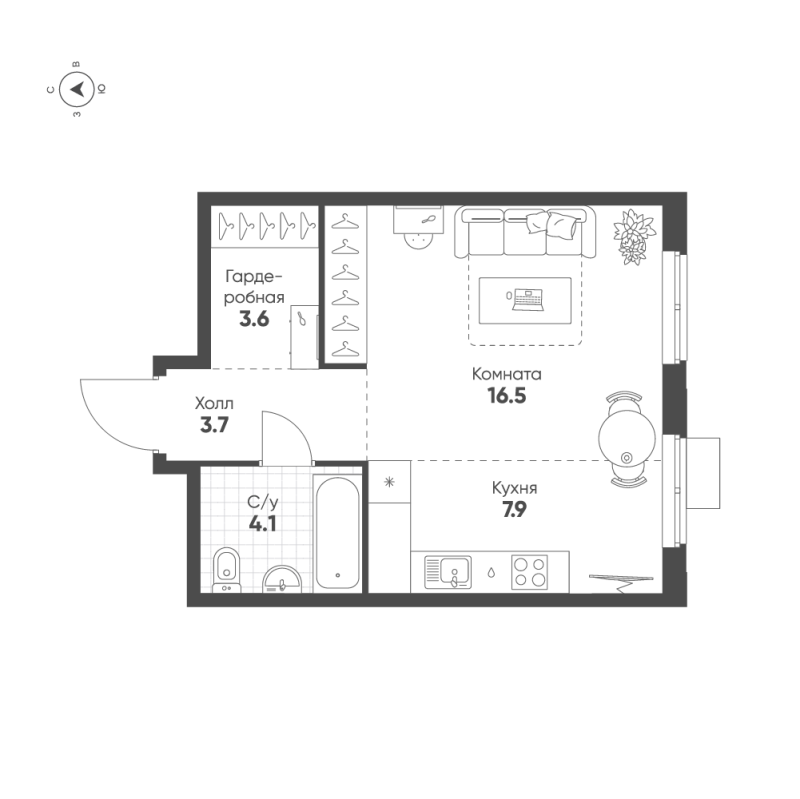 Квартира-студия, 35.8 м² - планировка, фото №1