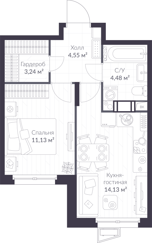 1-комнатная квартира, 37.53 м² в ЖК "VEREN NORT сертолово" - планировка, фото №1