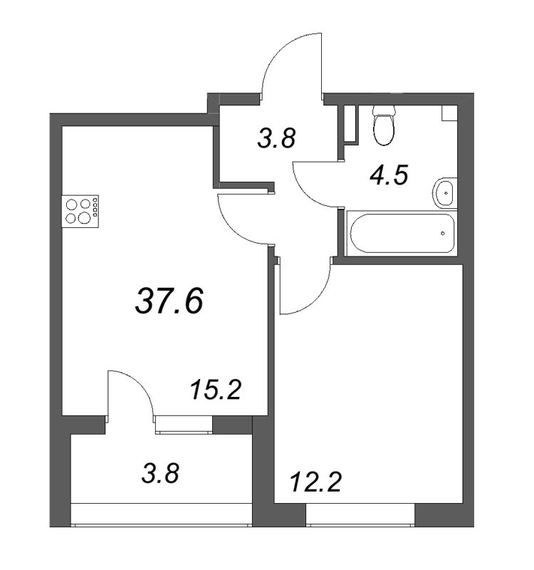 2-комнатная (Евро) квартира, 37.6 м² - планировка, фото №1