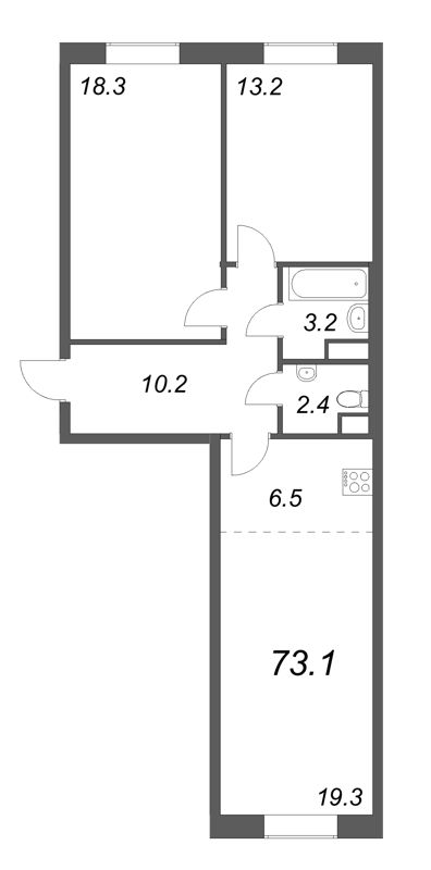 3-комнатная (Евро) квартира, 73.1 м² - планировка, фото №1