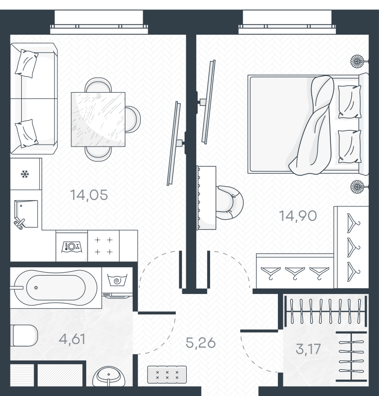 1-комнатная квартира, 41.99 м² в ЖК "MONODOM-ART" - планировка, фото №1
