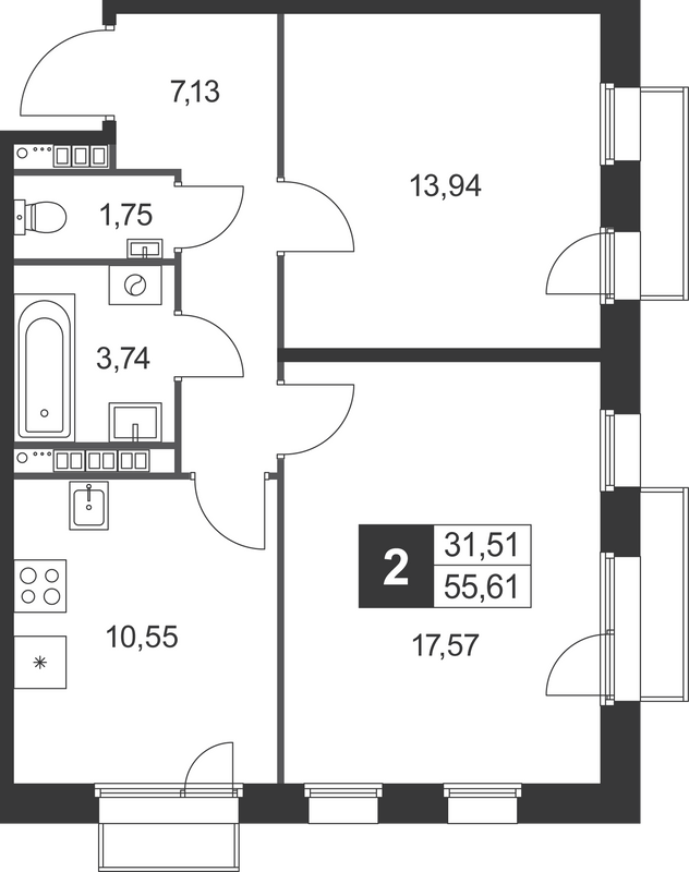 2-комнатная квартира, 55.61 м² в ЖК "Слобода" - планировка, фото №1