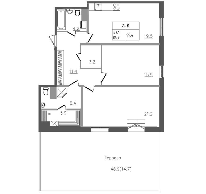3-комнатная (Евро) квартира, 99.4 м² в ЖК "Upoint" - планировка, фото №1