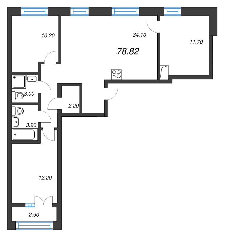 4-комнатная (Евро) квартира, 78.82 м² в ЖК "NewПитер 2.0" - планировка, фото №1
