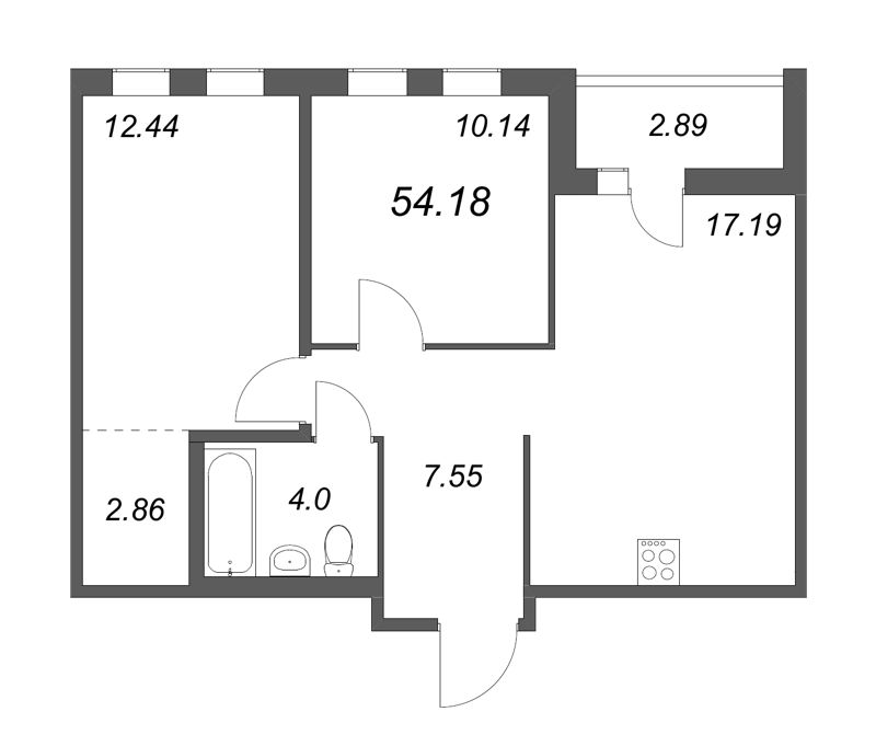 3-комнатная (Евро) квартира, 54.18 м² в ЖК "Мурино Space" - планировка, фото №1