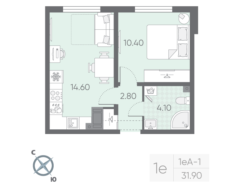 1-комнатная квартира, 31.9 м² в ЖК "Ручьи" - планировка, фото №1