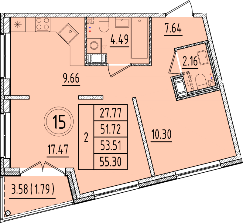 2-комнатная квартира, 51.72 м² - планировка, фото №1
