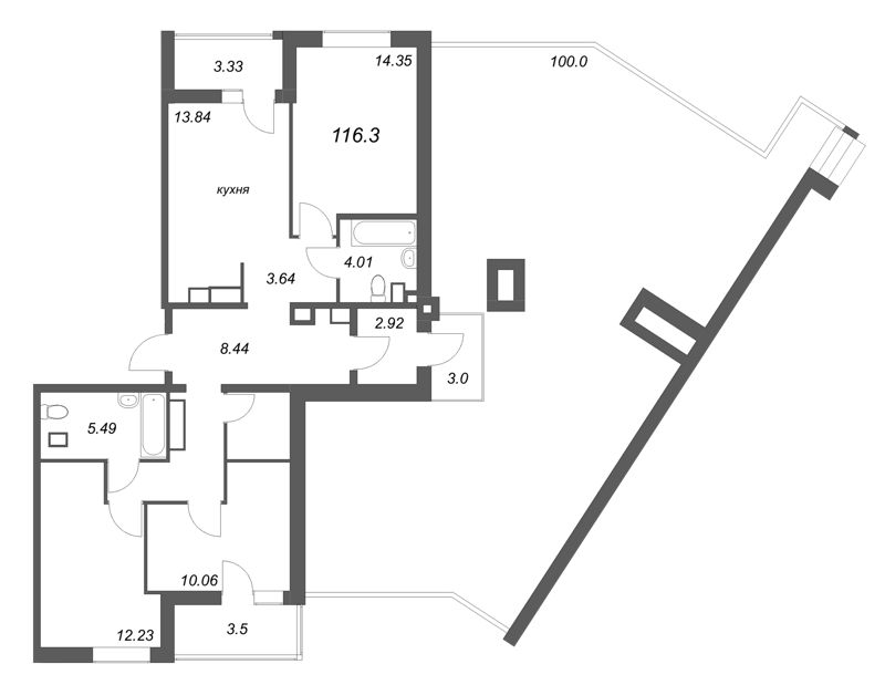 4-комнатная (Евро) квартира, 116.3 м² в ЖК "Белый остров" - планировка, фото №1